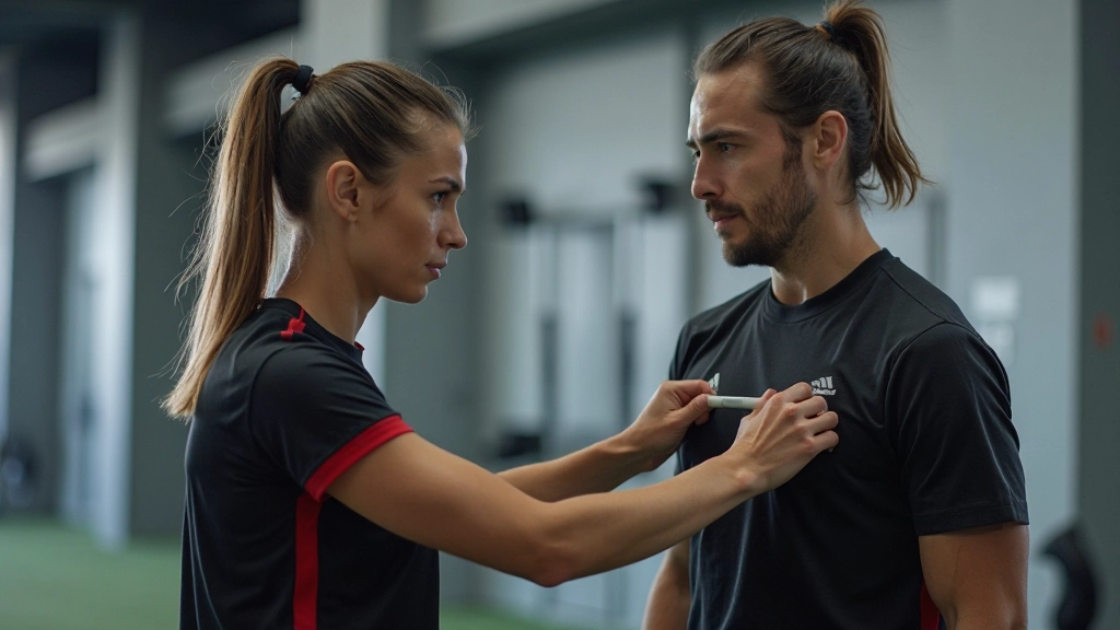 Athletic trainer measuring player performance metrics during endurance conditioning workout