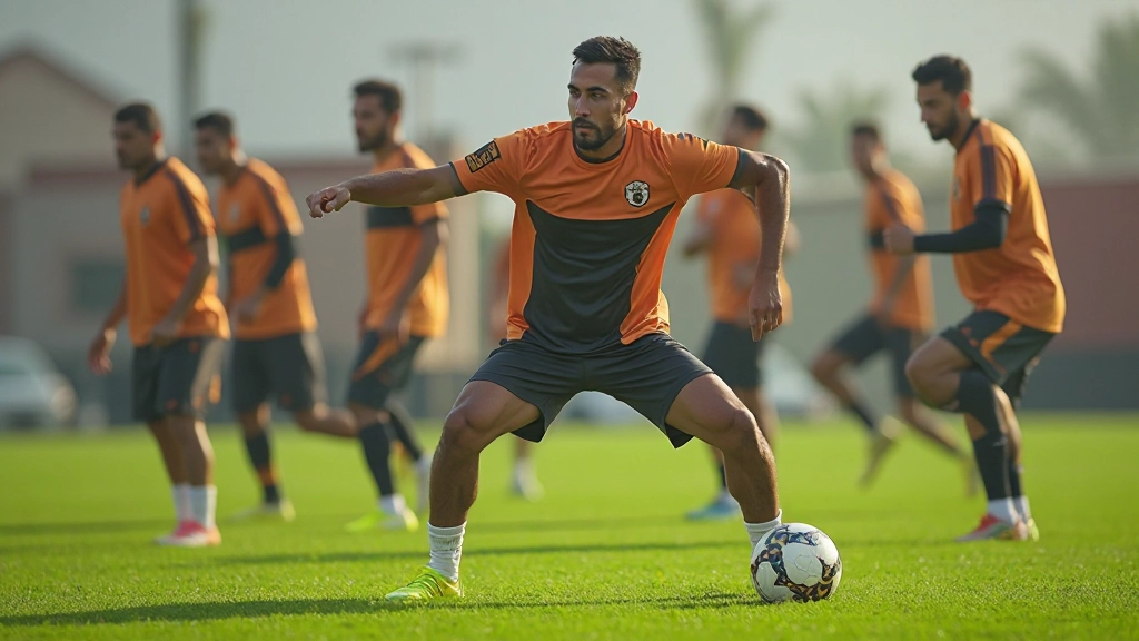 Professional football training session with players performing dynamic warm-up exercises on grass field