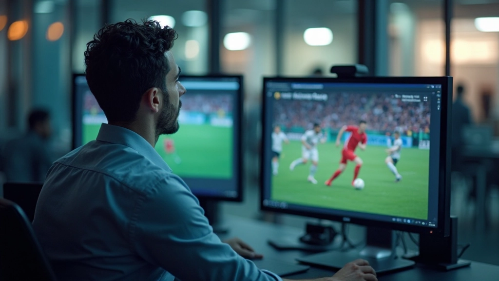Sports analyst reviewing video footage of football match performance on professional monitor