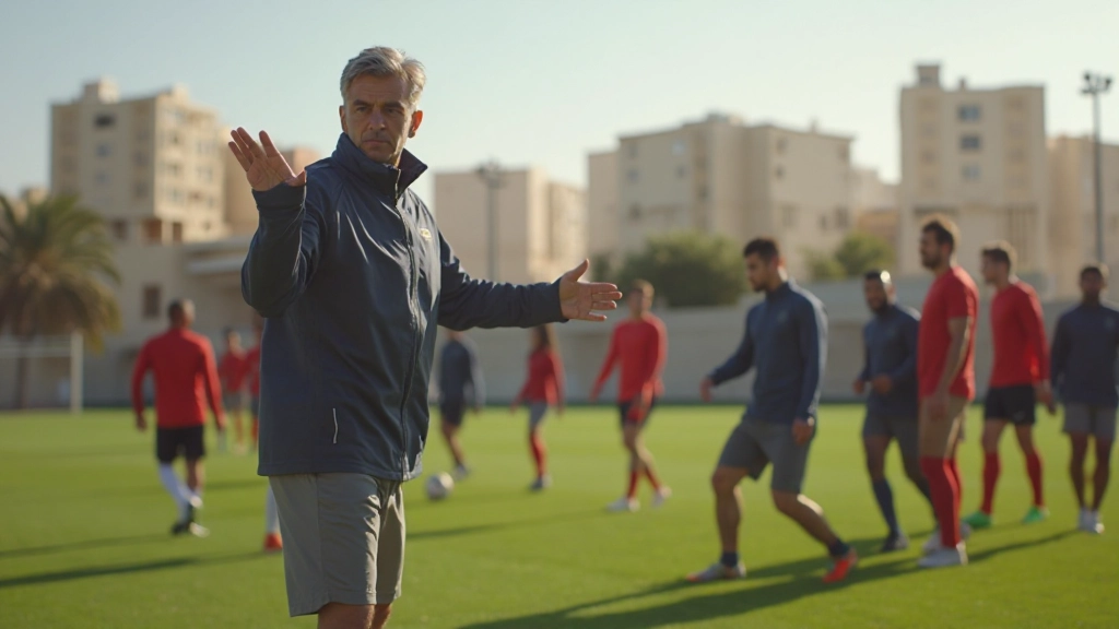 Professional soccer team training on field with coach directing tactical drills