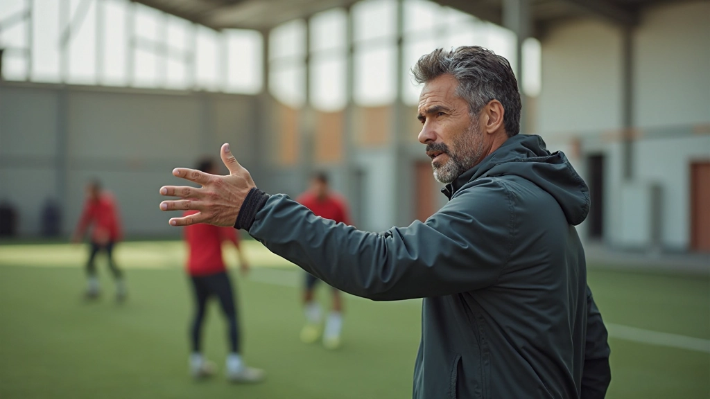 Professional soccer coach demonstrating advanced tactical positioning with team during intense training session