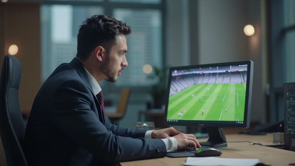 Coach reviewing match footage and analyzing player performance data on laptop