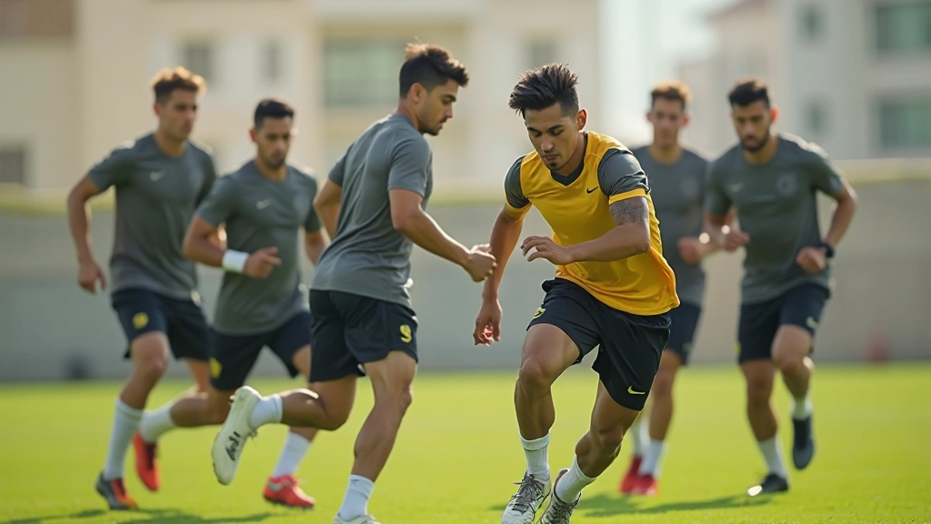 Football training session with athletes performing conditioning exercises on pitch